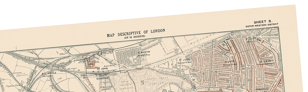 The right hand corner of an old street map of London