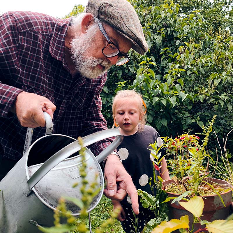 An old man watering his garden with his granddaughter